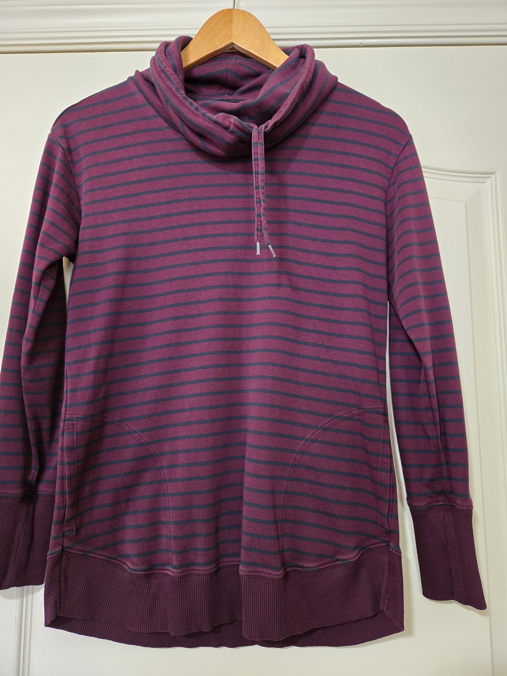 L.L. Bean Berry and Dark Purple Striped Cowl Neck Pull Over 100% Supima Cotton